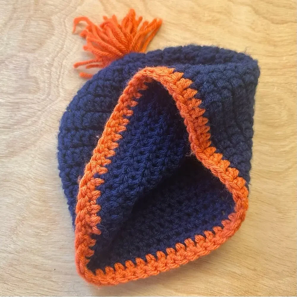 Handmade Navy & Orange Knit Beanie | Toddler/Youth | Pom Top